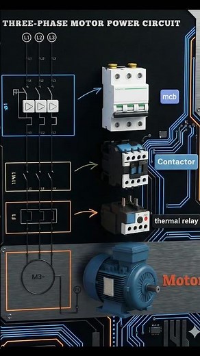 Three Phase Motor Power Wiring Connection Diagram #reels #mcb #Contactor #relay