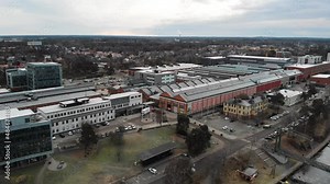 Aerial panorama view Saab Car Museum and Innovatum Science Center building in Trollhattan
