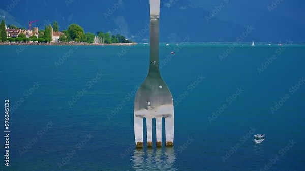 Vevey, Switzerland Huge steel fork art installation in Lake Geneva, Alimentarium food museum in Vevey