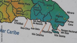 Map of the Dominican Republic's southern coast with cities and islands highlighted