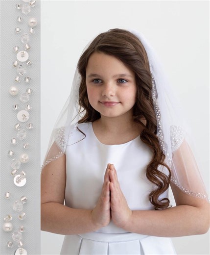 First Communion Veil Pearl Beaded, Pearl Communion Veil, Beaded Edge Veil, Children Girl's First Communion Veil, Beaded Holy Communion Veil - Etsy