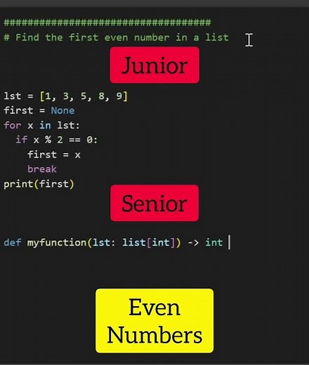 Junior Vs. Senior programmer in Python to fund even numbers