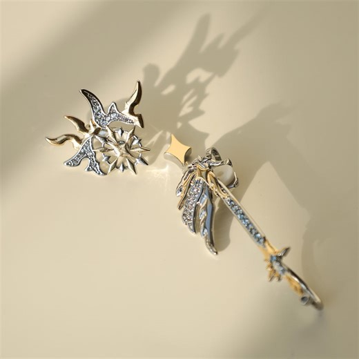 Honkai Star Rail Phainon Zircon Earrings, Two-tone Silver Gold Wing Flame Celestial Weapon Design Anime Jewelry, Cosplay Statement Earring - Etsy