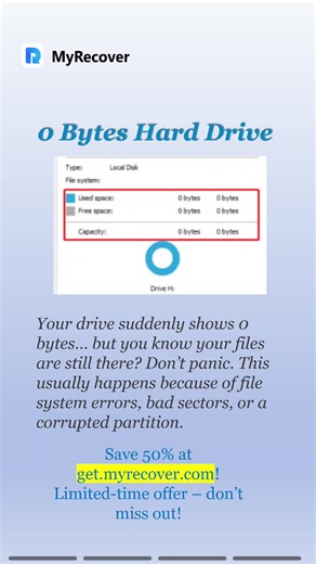 Drive Shows 0 Bytes? Fix It Without Losing Your Data! Drive shows 0 bytes but your files are still there? 😱 Don’t format it yet! In this short video, you’ll learn why a hard drive, USB, or SD card suddenly shows 0 bytes and how to fix it without losing your data. 👉 Safe fixes you should try first 👉 Data recovery tips before it’s too late ⚠ Acting fast can make all the difference. Get 50% at get.myrecover.com! Hurry – limited-time offer! #datarecovery #byte #harddrive #windows