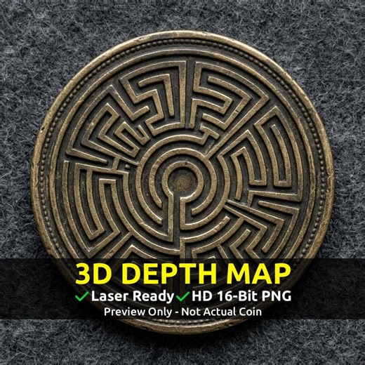 Challenge Coin 3D Depth Map, CNC PNG File, Fiber Laser, Lightburn, Engraving, Embossed, Grayscale Height Map, Labyrinthine Geometric Pattern