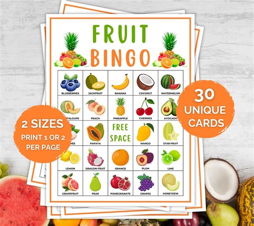 30 Fruit Bingo Cards, Fruit Bingo Printable, Fruit Party Game, Classroom Nutrition Game, Food Bingo, Fruit Printable, Summer Party Bingo - Etsy