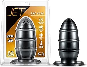 Blush Jet Fuc Plug 8.25" Extra-Large Butt Plug, 3.5” Width - Advanced Users Ribbed Girthy Anal Plug - Tapered Tip, Lock On Base, Body Safe PVC Adult Sex Toy for Women, Men & Couples - (Metallic Black)