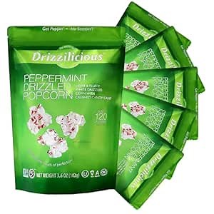 Drizzilicious Peppermint Popcorn - Healthy Flavored Popcorn, Low Cal Kettle Corn, Non-GMO, Vegan, Allergen Free, Gluten Free Snack for Adults & Kids, Only 120 Calories Per Cup - 3.6 oz Bag (Pack of 6)