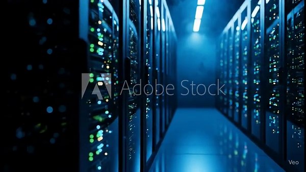 Blue binary code streams across a long, light-filled corridor, where fiber optic cables glow against the walls, creating a futuristic tunnel design