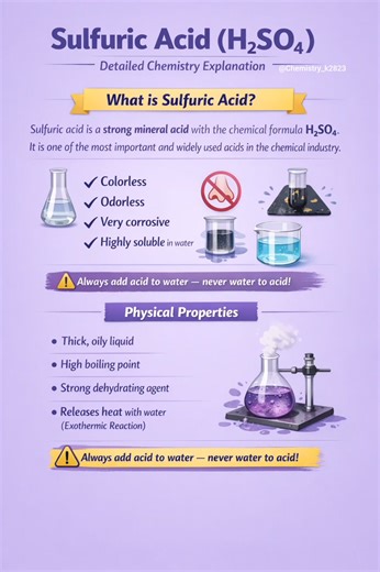 Sulfuric Acid – The King of Chemicals 🧪 Description: Sulfuric Acid (H₂SO₄) is one of the most important and widely used industrial chemicals in the world. It is a strong, highly corrosive mineral acid with powerful dehydrating and oxidizing properties. 🔬 Key Properties: ✔ Chemical Formula: H₂SO₄ ✔ Strong acid ✔ Highly corrosive ✔ Colorless to slightly yellow liquid ✔ Dense and oily appearance 🏭 Major Uses: ✔ Production of fertilizers ✔ Petroleum refining ✔ Manufacturing detergents and chemica
