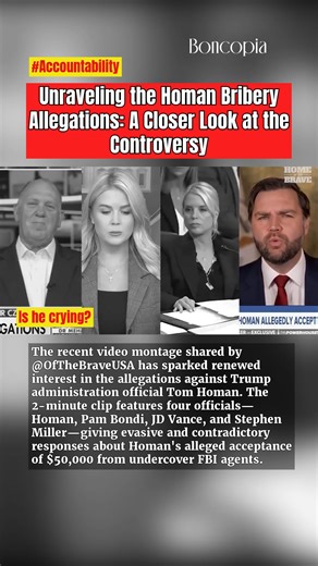 Unraveling the Homan Bribery Allegations: A Closer Look at the Controversy The recent video montage shared by @OfTheBraveUSA has sparked renewed interest in the allegations against Trump administration official Tom Homan. The 2-minute clip features four officials—Homan, Pam Bondi, JD Vance, and Stephen Miller—giving evasive and contradictory responses about Homan's alleged acceptance of $50,000 from undercover FBI agents. This controversy stems from a September 2024 sting operation investigating