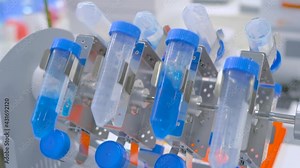 Slow motion: digital tube rotisserie rotator for effective mixing blue biological samples at pharmacy factory, medical exhibition: close up. Chemistry, pharmaceutical, laboratory equipment concept