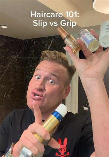 😮 Did you know that literally every single product in your bathroom falls into one of two categories? It’s either Slip or Grip 💦 Slip is all your slippery, smooth shit like oils, serums, and heavy creams that make the hair silky. Grip is your hairsprays, texture sprays, and pomades that give the hair structure and actual hold. ☝️AND ALWAYS REMEMBER: slip always cancels out grip!!! 👀 So if you've used too much hairspray, a little bit of oil will help to cancel that out, and same for if your ha