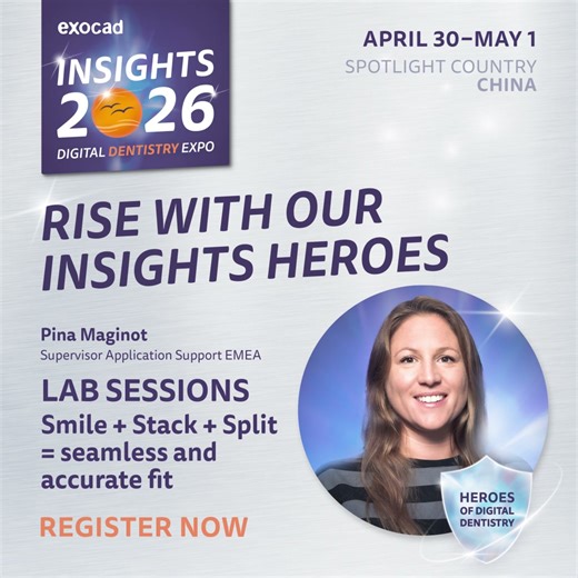 Calling all our Insights heroes! We’re thrilled to bring our popular lab stream back to the global stage at Insights 2026—taking place April 30–May 1, 2026! The session ‘Smile Stack Split = seamless and accurate fit’ features: 🦷 Deep dives into the latest exocad software releases 💡 Top tips, techniques, and workflow boosters 🚀 Practical guidance to help you level up your DentalCAD and exoplan skills This year’s theme “Calling all heroes” celebrates the dental professionals pushing digital den