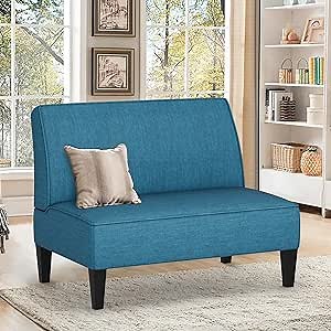 Changjie Furniture Small Loveseat Sofa Upholstered Mini Couch for Small Spaces 2-Seater Sofa Couch with Wooden Legs for Bedroom Living Room(Blue)
