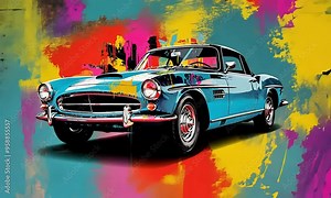 Blue Classic Car in Splashes of Color: A vintage convertible in a vibrant, artistic setting, showcasing a classic car's timeless appeal and adding a pop of color to any space.