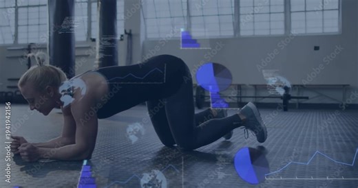 Woman reaching forward, shifting into forearm plank in gym, data overlays mapping core form