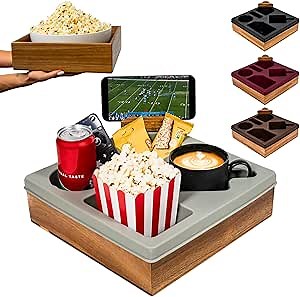 Silicone Couch Cup Holder Tray – Handy Silicone Acacia Couch Caddy with Cup Holder & Phone Stand – Waterproof Anti-Spill Snack & Bed Caddy Organizer Sofa Tray for Drinks, Snacks, & Remotes (Gray)