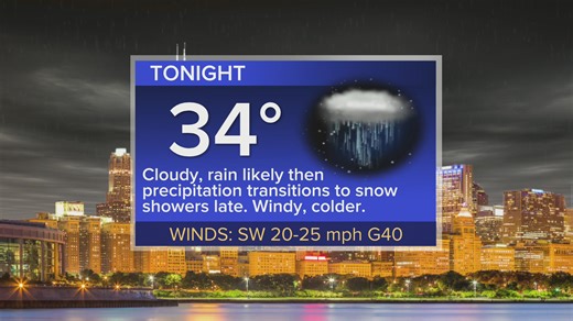 Tonight: Cloudy, with rain likely turning to snow late