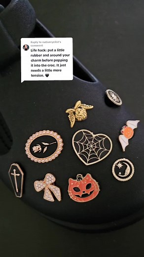 Replying to @nativecyclist Thank you SO MUCH girl for this hack! Going to be doing this to all my charms now ♡ #lifehacks #gothcrocs #gothcrocscharms #etsysmallbusiness #crocs #maryjanecrocs