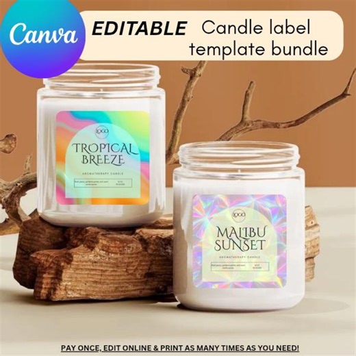 Holographic Candle Label Template, Tropical Design, Editable in Canva (digital Download) - Etsy
