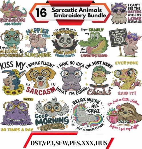 Sarcastic Animals Embroidery Bundle, Funny Animal Quotes Designs, Humor Embroidery Files for Machine, Instant Download - Etsy