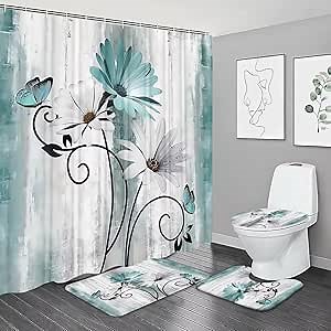 4PCS Rustic Teal Flower Farmhouse Shower Curtain Set,Waterproof Teal Daisy Floral Bathroom Decor Accessory Set