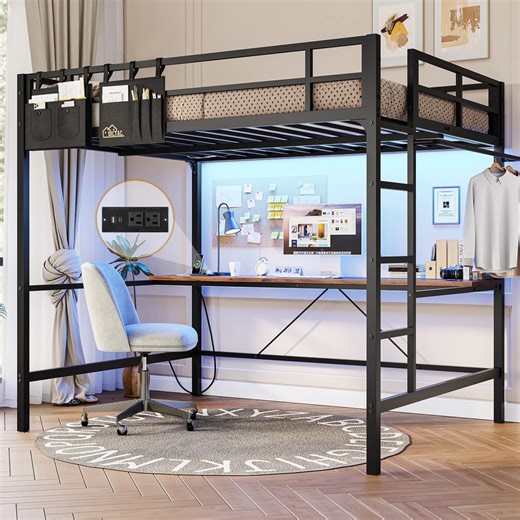 Metal Full Size Loft Bed Frame with Desk & Stairs & Full-Length Guardrail, Loft Bed Frame Full Size with Charging Station & LED Lights & Storage Bag for Bedroom, No Box Spring Needed, Black