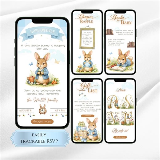 Peter Rabbit Inspired Baby Shower Website Invitation , Bunny Babyshower , Blue Baby Shower Invitationv for Boys and Girls , Digital Download - Etsy