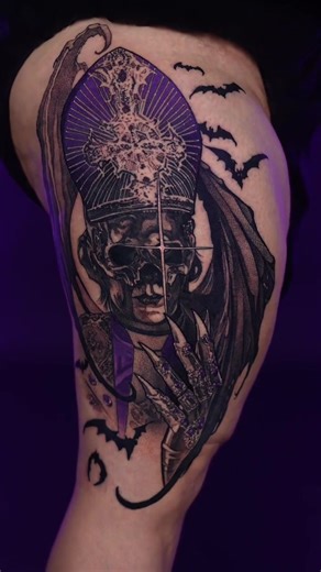 Ghost fans, wya? This Papa V tattoo I did last week was so fun 🖤 Done at @ Eden • Dallas Tattoo Studio! #tattoo #papav #ghost #fanart #tattooideas