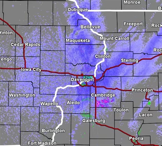 515 am 11/9/25 radar update. Bands of light snow extend along the Miss. River into NW Illinois & will gradually taper off over the next few hours. Brief visibility reductions to around 1 mile are possible. Little, if any accumulation is expected. | US National Weather Service Quad Cities Iowa/Illinois