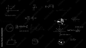 Animated mathematical formulas, geometric shapes and scientific scribbles slowly appear one by one and disappear on the black background.