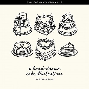 Hand Drawn Cake Clipart Bundle SVG PNG: Whimsical Wedding and Birthday Cake, Heart Shape, Tiered Cherry Bow Dessert Illustrations - Etsy