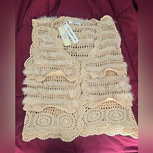 L'affaire Designer Handmade  Crochet Lace Rabbit Fur Vest, Size: S