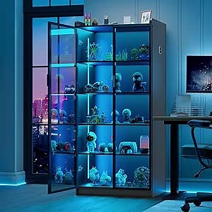 Lvifur 5 Tier Display Cabinet for Living Room, LED Bookcase with Human Body Induction Lights, 65” Tall Curio Cabinets with Adjustable Shelves for Office (Black)