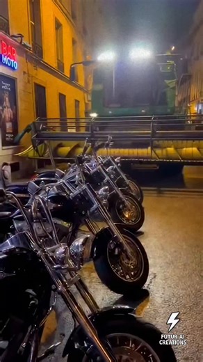 FuturAI Creations on Instagram: "Une moissonneuse-batteuse en pleine rue à Paris 🚜😳 Des Harley-Davidson renversées devant un bar de bikers. Une scène complètement hors contexte. Vidéo humoristique – personnages fictifs générés par IA – pas pour enfants. #sora2 #sora #veo3 #paris #sceneirreelle #motos #bikers #Insolite"