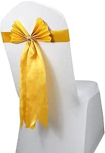6 PCS Bows Chair Sashes with Silver Buckle, Chair Bands Long Ribbon Decor for Hotel Wedding Reception Party Event Chair Cover, Stretch Chair Bands-Gold
