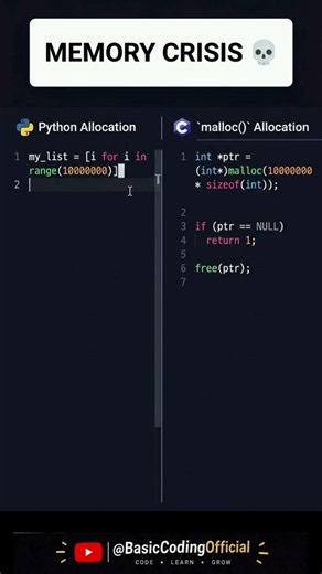 Python vs C Memory Allocation! 💀 (Memory Crisis Explained) #shorts #coding #python