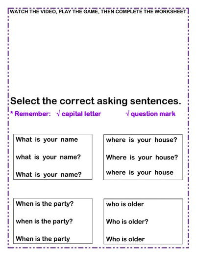 WEEK 8 TUESDAY GRAMMAR ASKING SENTENTENCES HOMEWORK worksheet