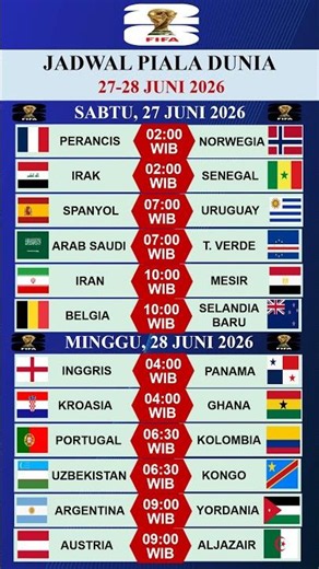 Jadwal piala dunia hari ini 27, 28 Juni 2026 Perancis vs Norwegia, Spanyol vs Uruguay