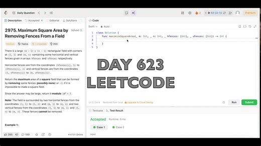 Day 623: LeetCode Problem 2975. - Swift #daily #challenge #swiftui #coding #leetcode