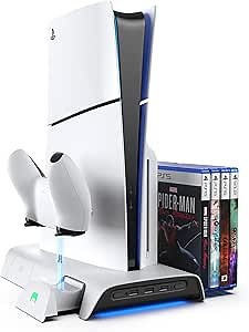 KIWI design D3 Cooling Station for PS5 Slim with Press-and-Pull Design, Controller Charging Station with Magnetic Dongles, Vertical Stand with High-Speed Cooling Fan and RGB for PS5 Slim Accessories