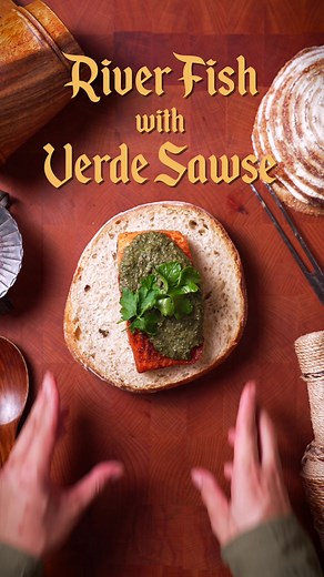 Medieval Meals | River Fish w/ Verde Sawse (Green Sauce & Salmon) “Verde Sawse” or Green Sauce as it is known today, was one of the more common accompaniments to fish in Medieval Europe. Particularly, fresh water fish. It’s tart, herby, thick, and surprisingly holds up to more modern sauces. It’s crazy how a recipe nearly 700 years ago still tastes amazing. Easy to make tooas long as they have a bread, parsley and white wine vinegar! serve on a plate, but if you want to feel like part of the ser