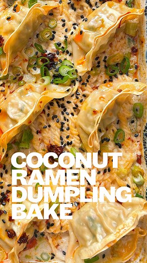 🥥 EASY COCONUT RAMEN DUMPLING BAKE 🥟 If you’re looking for a lazy dinner, save this right now. You literally chuck all the ingredients into a tray, give it a stir, and bake it. The ultimate lazy meal that tastes absolutely incredible. It’s quick, easy and delicious, enjoy! X Serves 4 Ingredients For the bake: * 1 tbsp chilli crisp * 4 cloves garlic * 2 inches fresh ginger * 6 spring onions * 2 tbsp miso paste * 2 tbsp maple syrup * 1 tbsp rice wine vinegar * 3 tbsp smooth peanut butter * 3 tbs