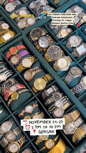 OVER A THOUSAND VINTAGE WATCHES IN GENSAN? 🤯 That’s right, GENSAN Clockwork Girlies! We’re flying all the way from Makati for a vintage watch weekend you wouldn’t want to miss out on ❤️‍🔥 🗓️ NOVEMBER 21-23 for Peachy Crew’s Dolce Navidad Flea Market🎄🤎 ⏰ 2 PM to 10 PM 📍 LEX FORUM FUNCTION HALL Andrade Subdivision, Yumang St., Lagao, General Santos City Time to shop to your heart’s extent! See you, GSC Clockwork Girlies ❤️‍🩹 #clockwork #clockworkvintage #gensan #generalsantoscity #gensanpri