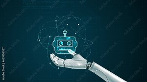 Motion graphic of Robot arm and Blue digital robot head with particle ring circle orbit rotation on futuristic abstract background AI artificial intelligence technology and machine learning concepts