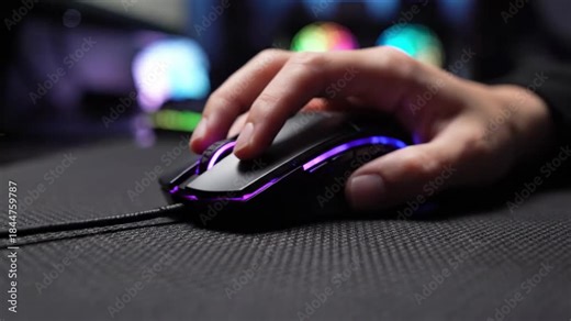 Close-up of Gamer Hand Clicking Wired RGB Gaming Mouse with Color Changing LED Lights in Dark Room