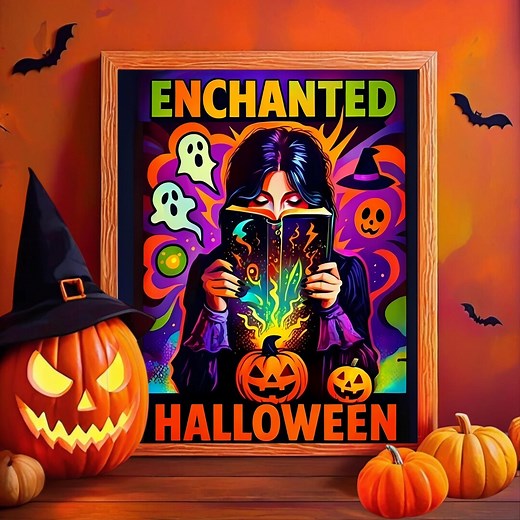 Enchanted Halloween Poster – Colorful Witch Pop Art Wall Print With Pumpkins & Ghosts - Etsy