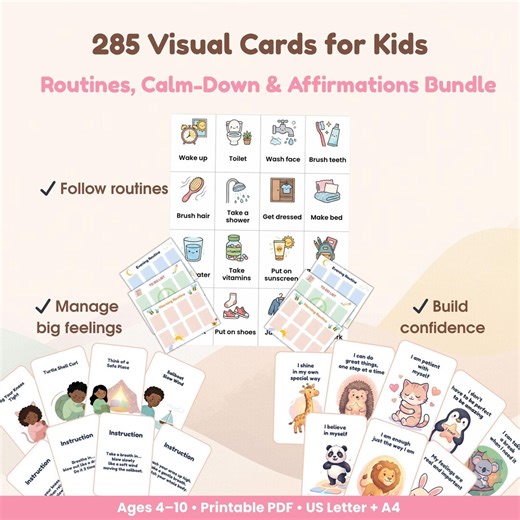 Kids Routine Cards   Calm Down Cards Bundle (285 Cards) | Visual Schedule, Feelings Cards, Affirmations for Kids, Autism, ADHD, Printable