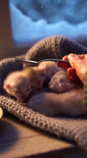 Newborn Kittens First Meal Cozy Winter Day
